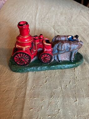 Red Steam Tractor with Gray Horses & Man Figurine-Hand Painted by me